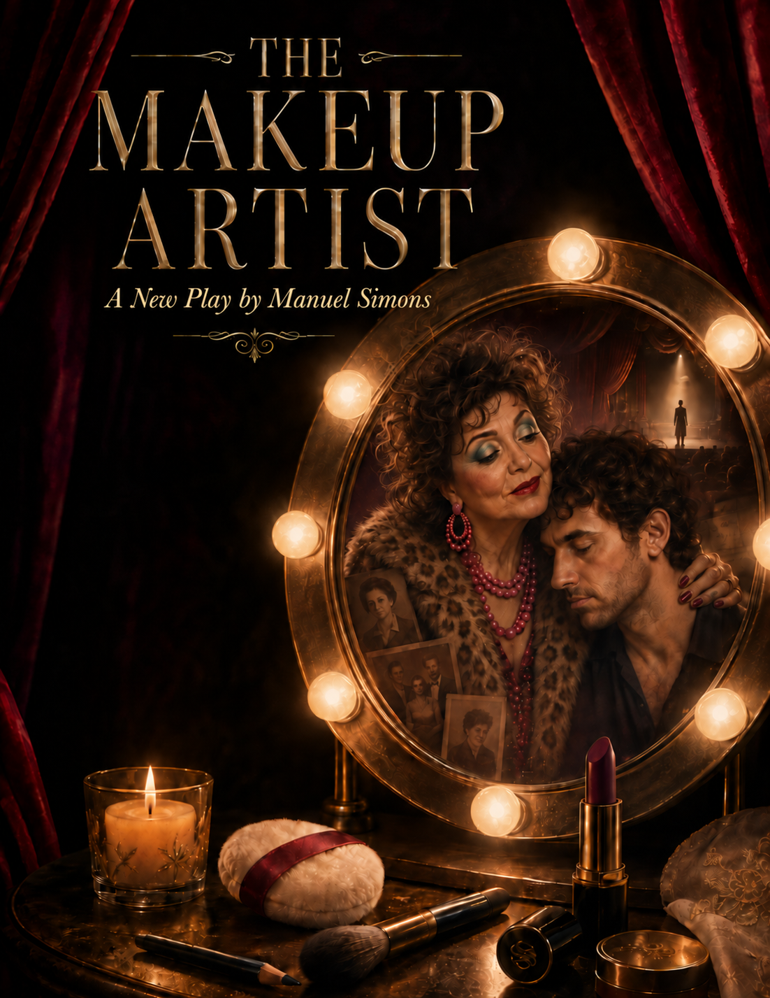 The Makeup Artist theatrical poster: a mother and son reflected in a glowing dressing-room mirror beneath the play's title