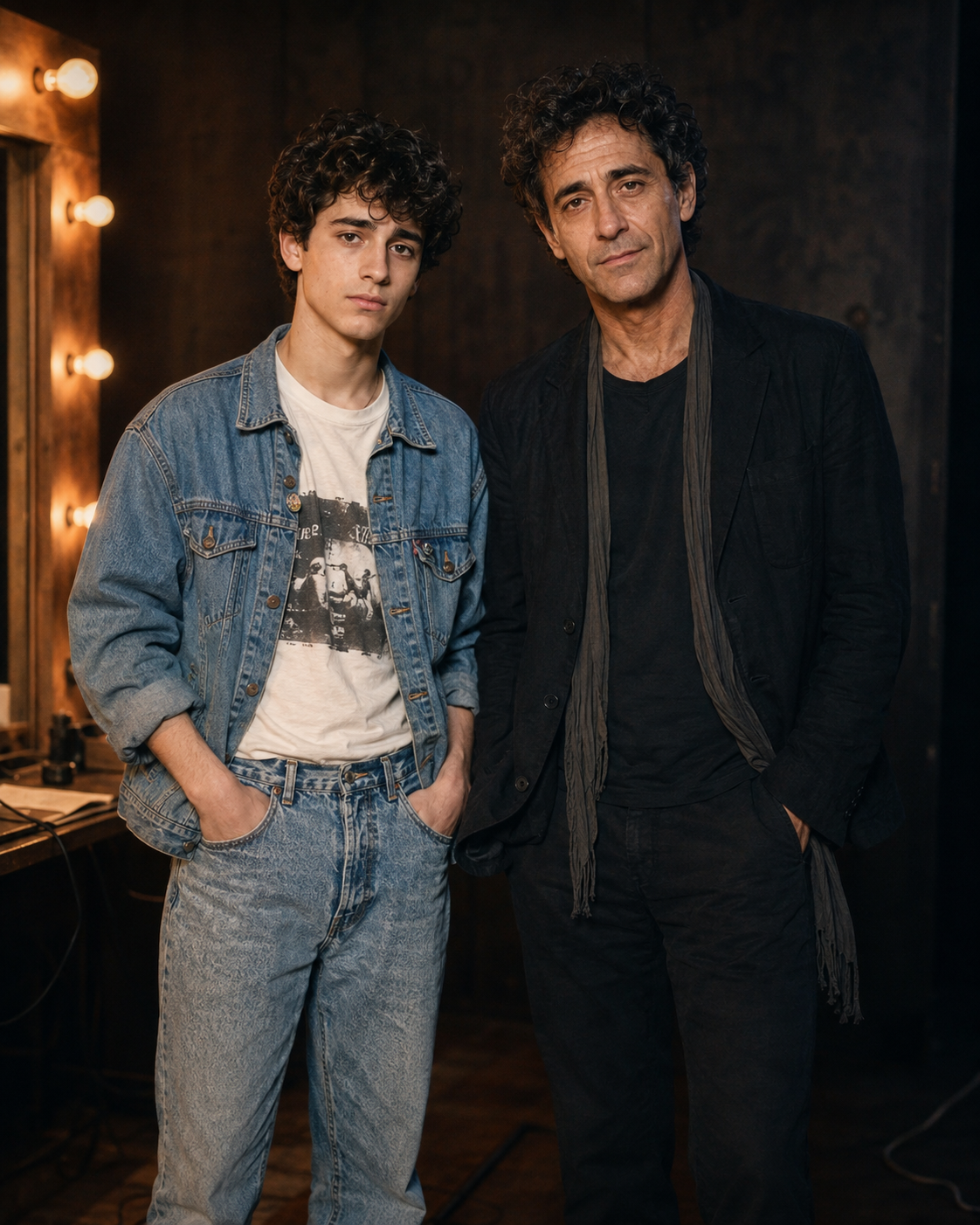 Young Jacob and Adult Jacob together in a theatre dressing room
